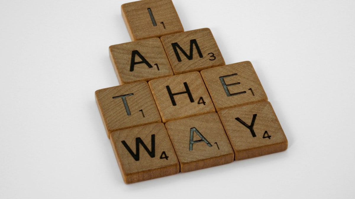 scrabble, scrabble pieces, lettering, letters, wood, scrabble tiles, white background, words, quote, letters, type, typography, design, layout, focus, bokeh, blur, photography, images, image, i am the way, jesus, john 14, bible, bible verse, new testament, promise, faith, christianity, christ, ethics, i am, jesus sayings, john's gospel, truth, authentic, authenticity, salvation, John 14:6, salvation, truth,